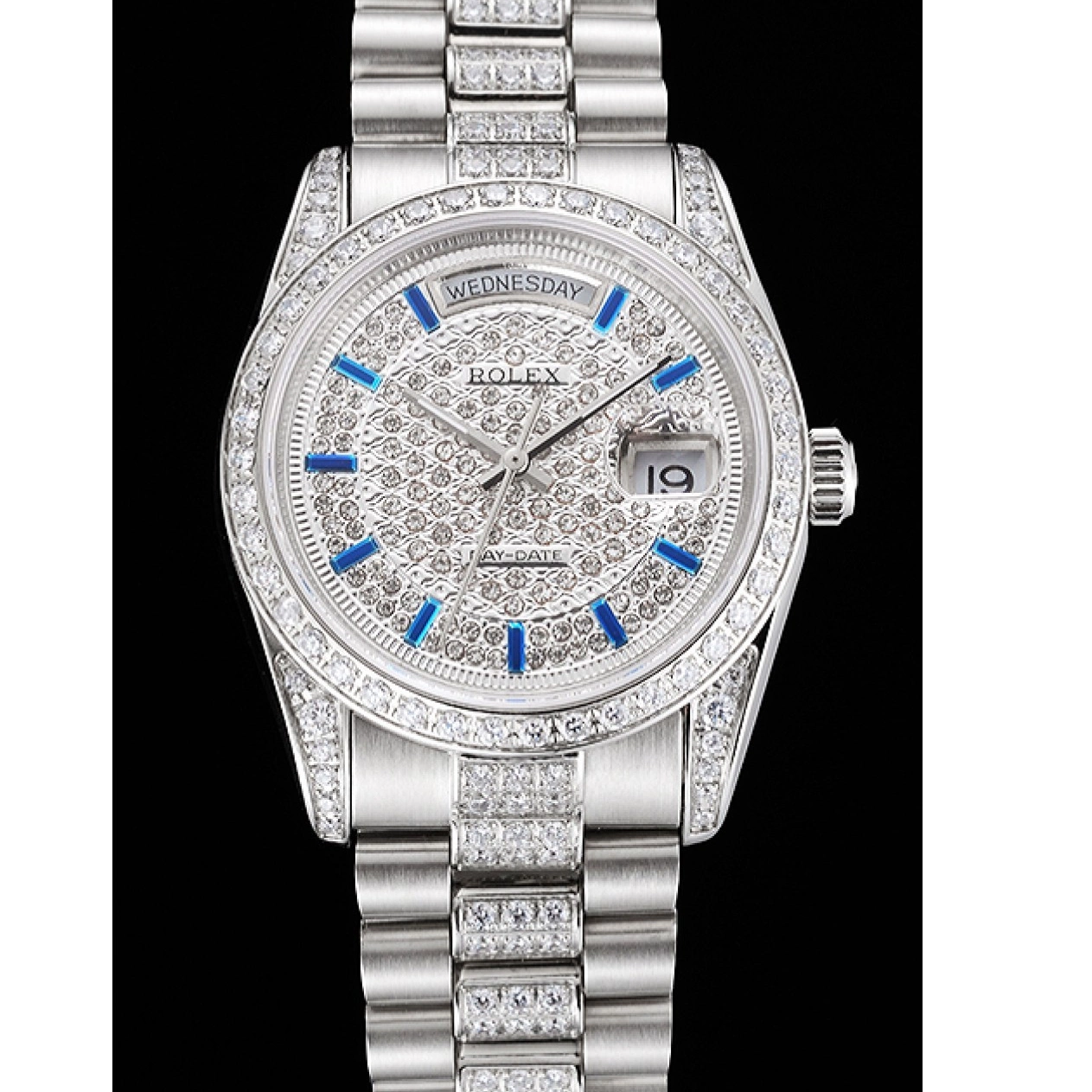 Aaa replica watch Bracelet Date Steel Bezel Rolex And Diamond Pave And Swiss Day Stainless Dial 0518